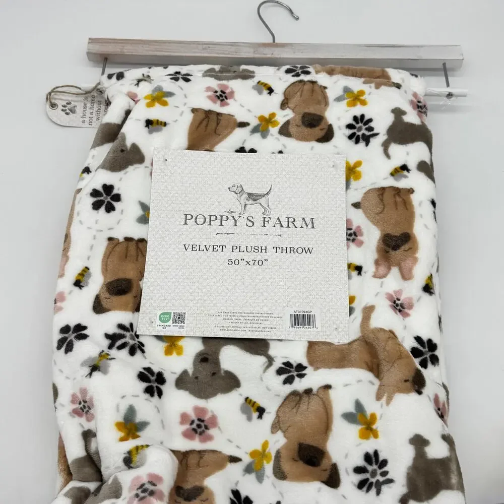 Poppy’s Farm Spring Throw Blanket Frenchie Dogs Bumblebee Daisy Flowers NEW